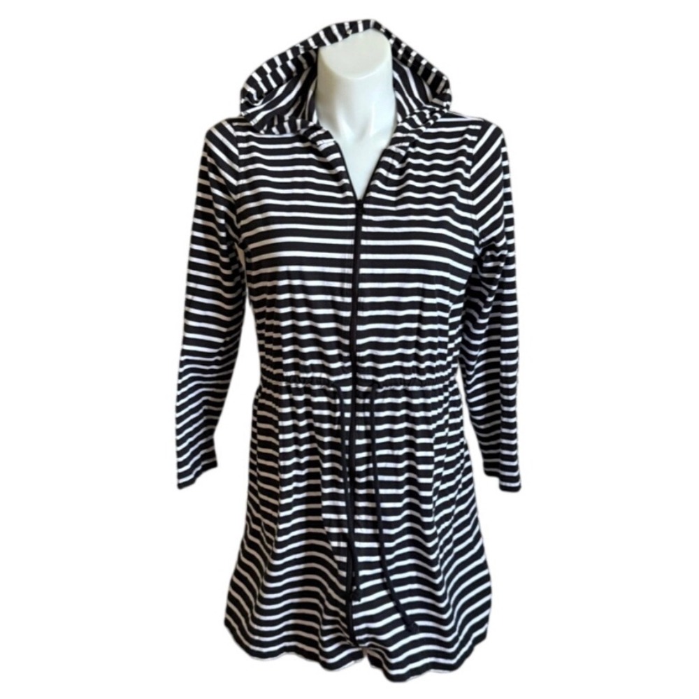 Lands' End Womens Black White Striped Full Zip Hooded‎ Swim Cover Up XL X-Large